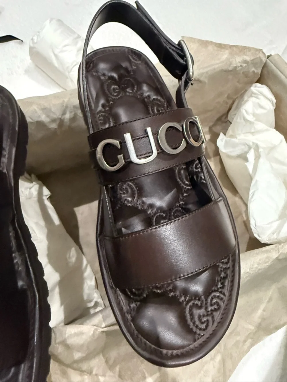 Gucci Dark Brown Leather Logo Buckle Sandals UK7
